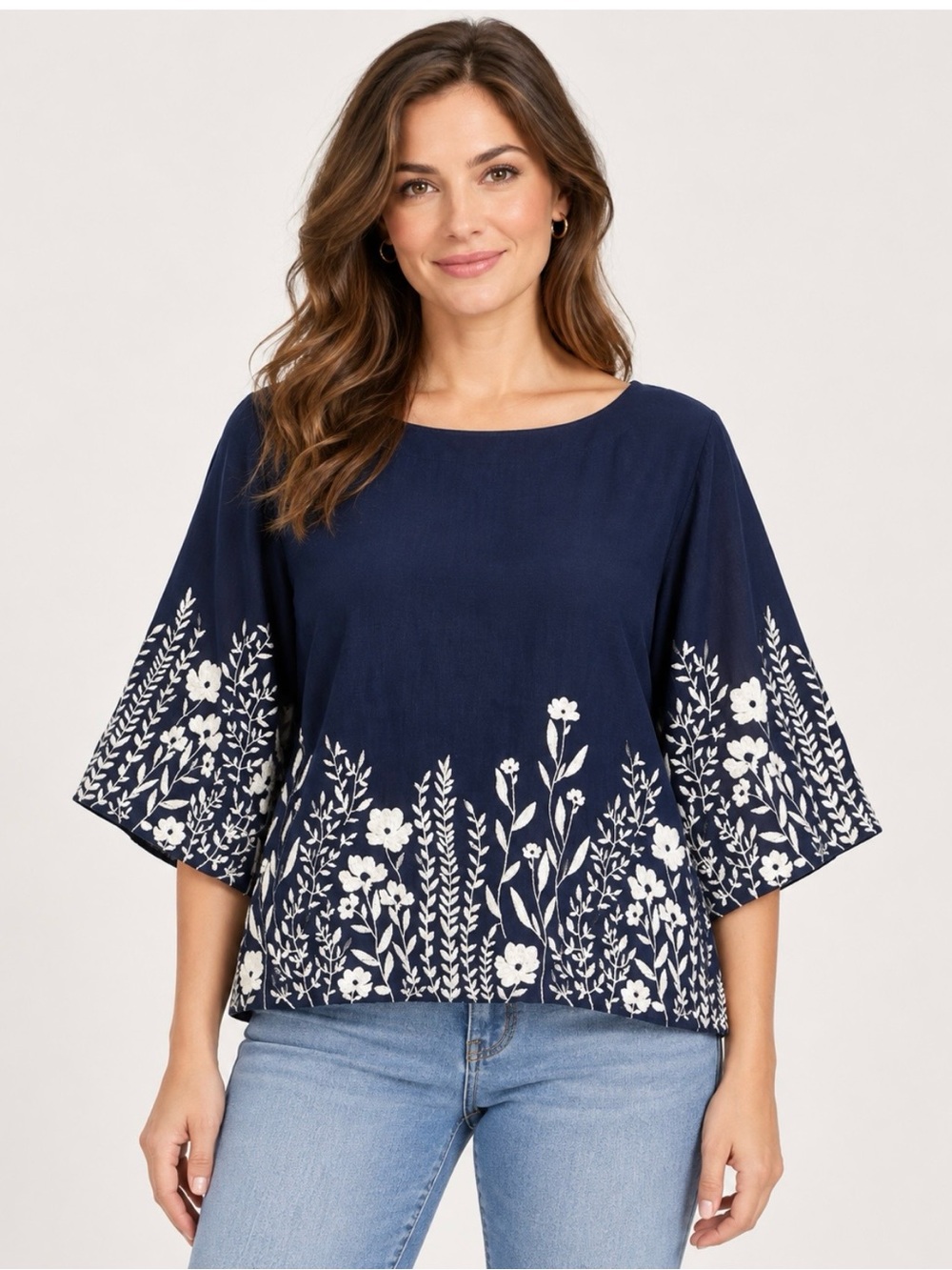 Charter Club Luxury 100% Linen Blouse L Navy White Floral Embroidered BellSleeve